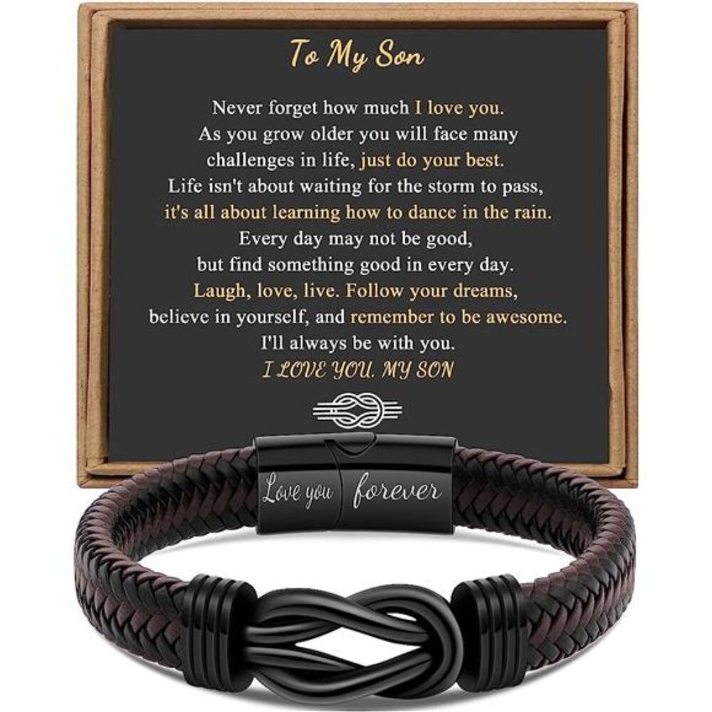 Mens Infinity Bracelet Brown Braided Leather Stainless Steel Love You Forever